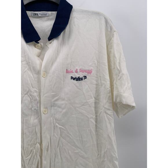 ZARA Men's White-Navy Bai Di Paraggi Embroidered Button-Up Polo Shirt SZ M - Picture 3 of 10